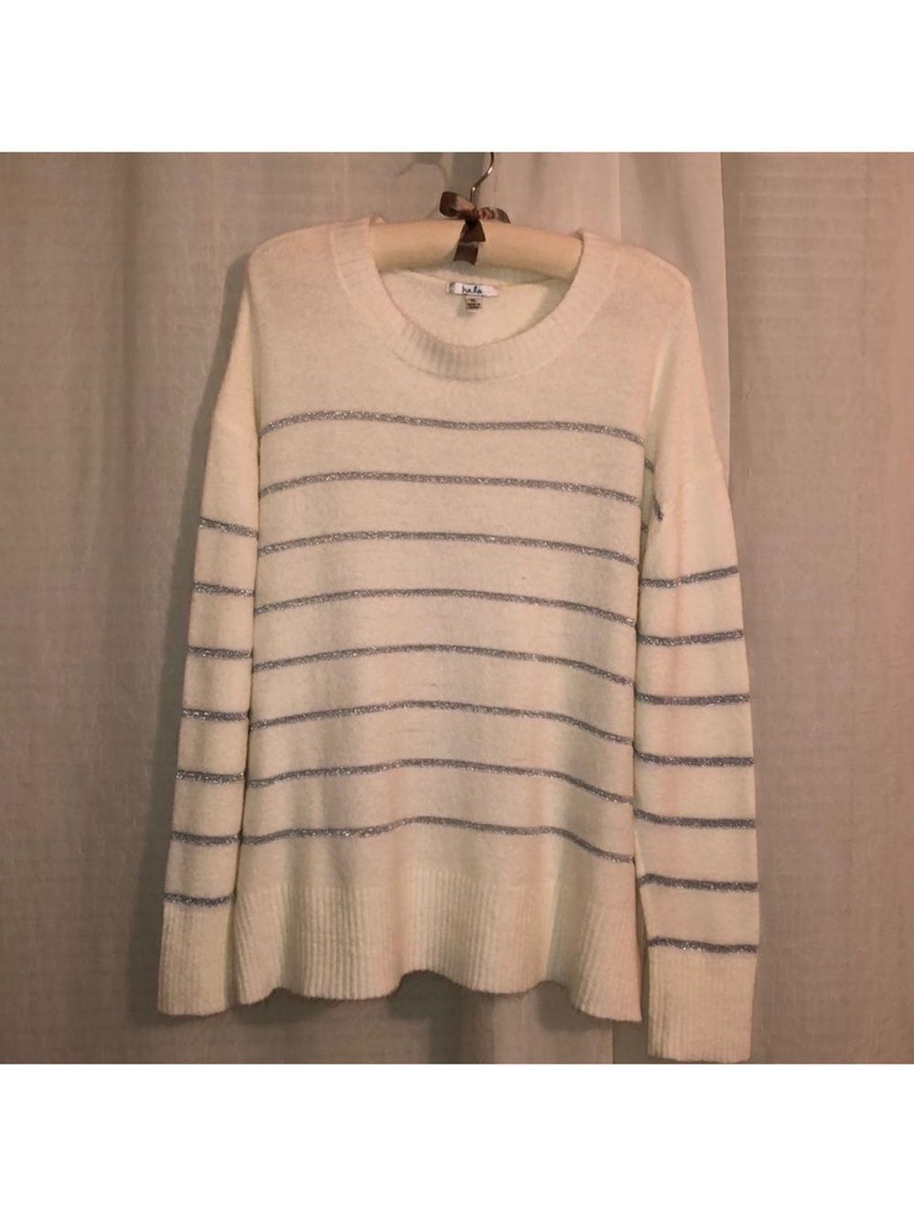 Isela XL Ivory Silver Metallic Crewneck Long Sleeve Knit Pullover
